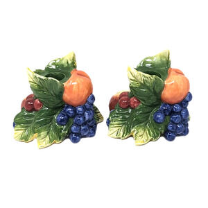 VTG Noritake‎ Majolica Pair Of Ceramic Candle Stick Holders Grapes Apples Leaves